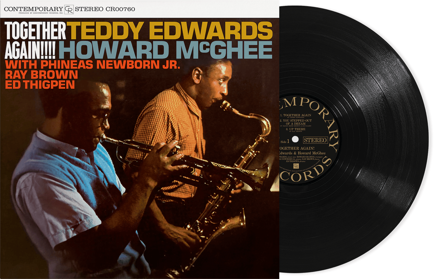 Promotional image for the Teddy Edwards and Howard McGhee recording ‘Together Again!!!!’, featuring the album sleeve on the left and a vinyl record on the right.